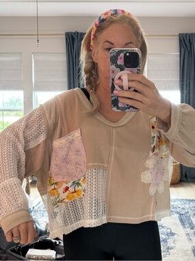 POL Boho Patchwork Crochet Mix Top Medium